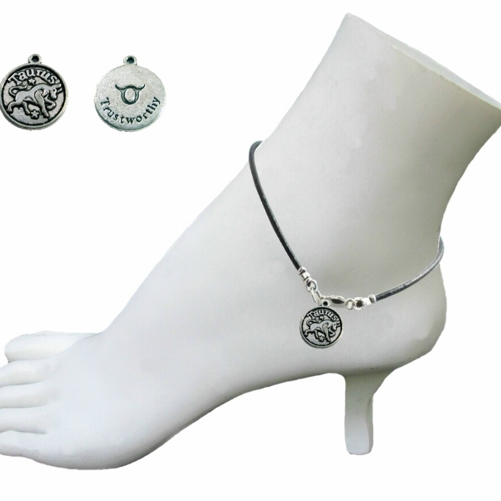 Black Leather 9" Anklet ~ Taurus Zodiac Charm